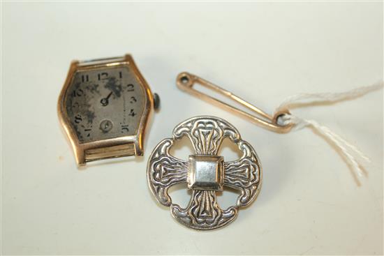 15ct gold tiepin, 9ct gold-cased wristwatch (a.f) & a sterling silver brooch